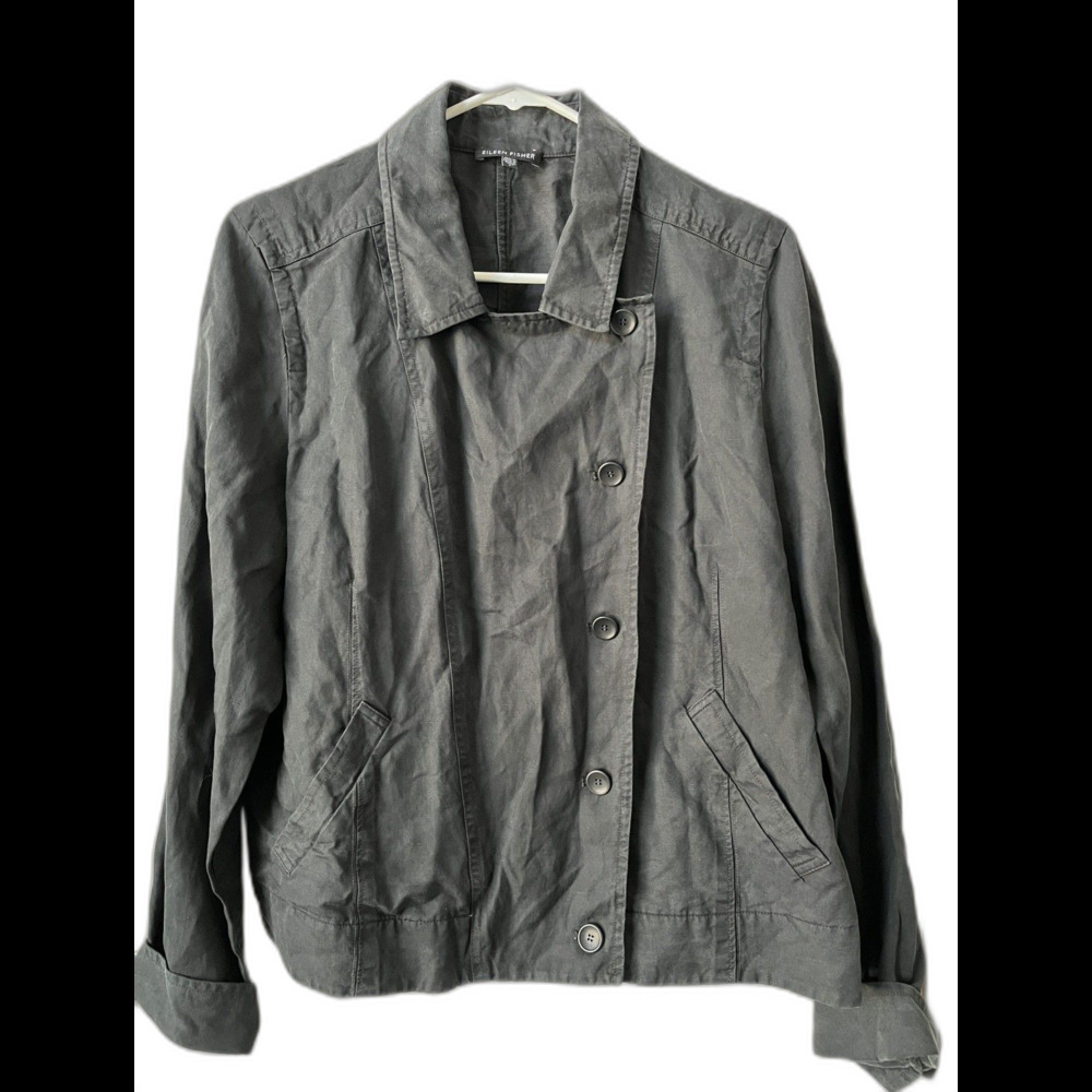 Eileen Fisher Moto Blazer Asymmetrical Jacket Pockets Zip Black Casual Chic Sz L